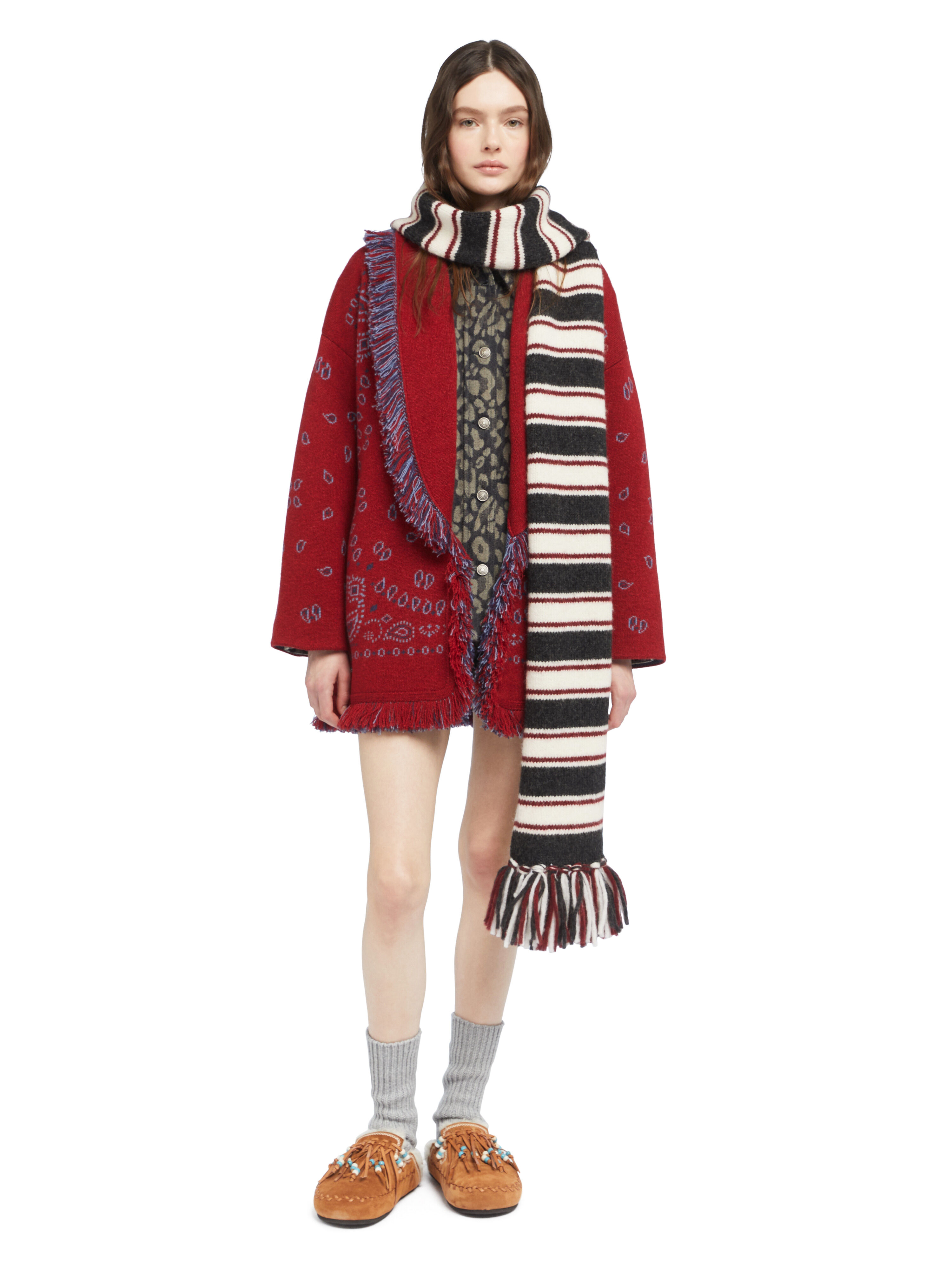 Alanui Grunge Stripes Scarf Charcoal-Ruby LWMA00EE25KNI001