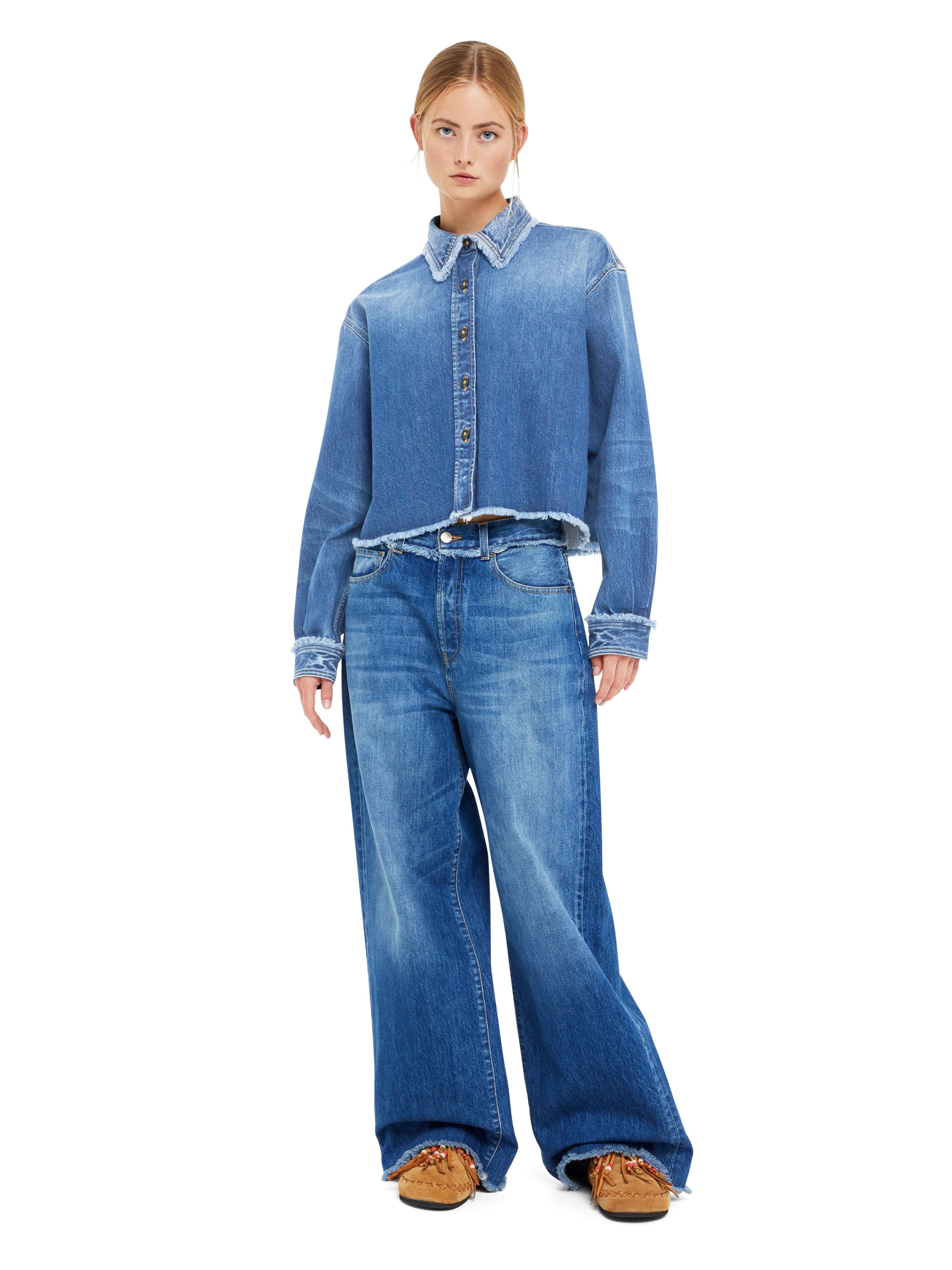 Alanui Fringed Cropped Denim Shirt Dark Wash Blue Denim LWYE00AR25DEN001