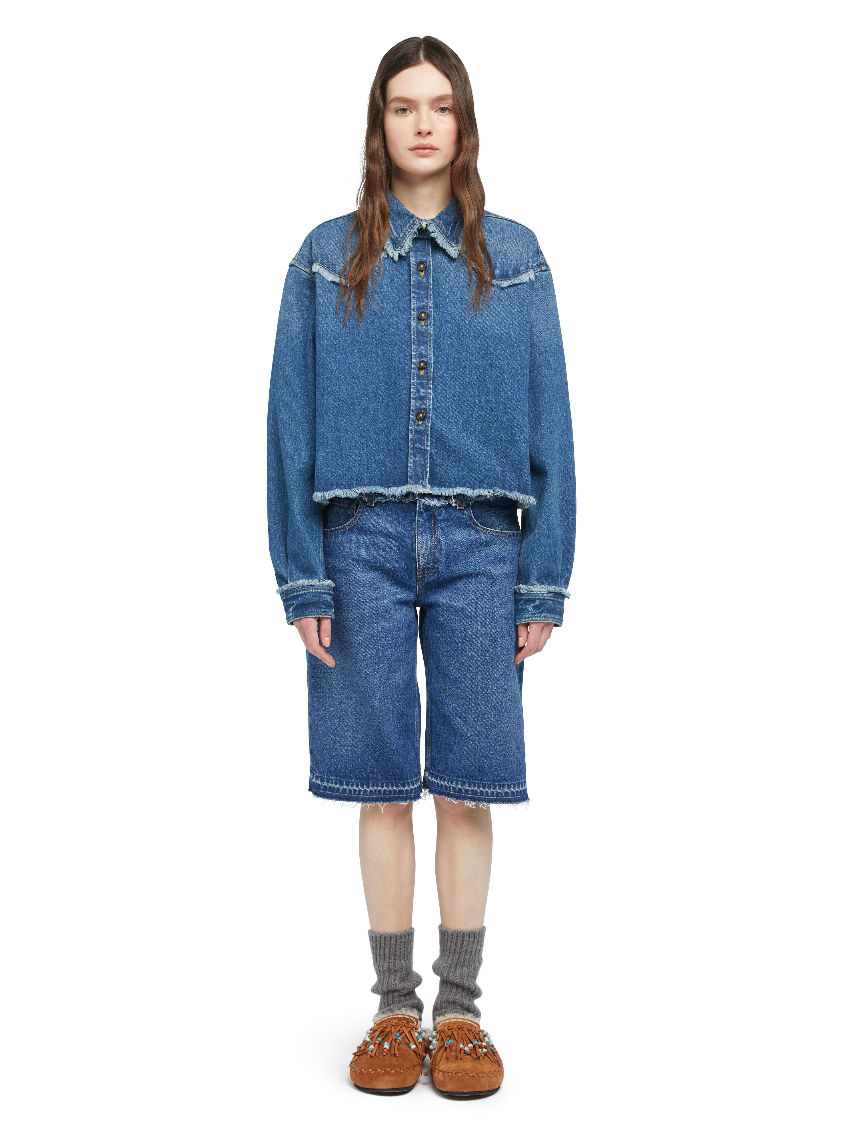 Alanui Pacific Roads Cropped Denim Shirt Medium Wash Denim LWYE00BE25DEN002
