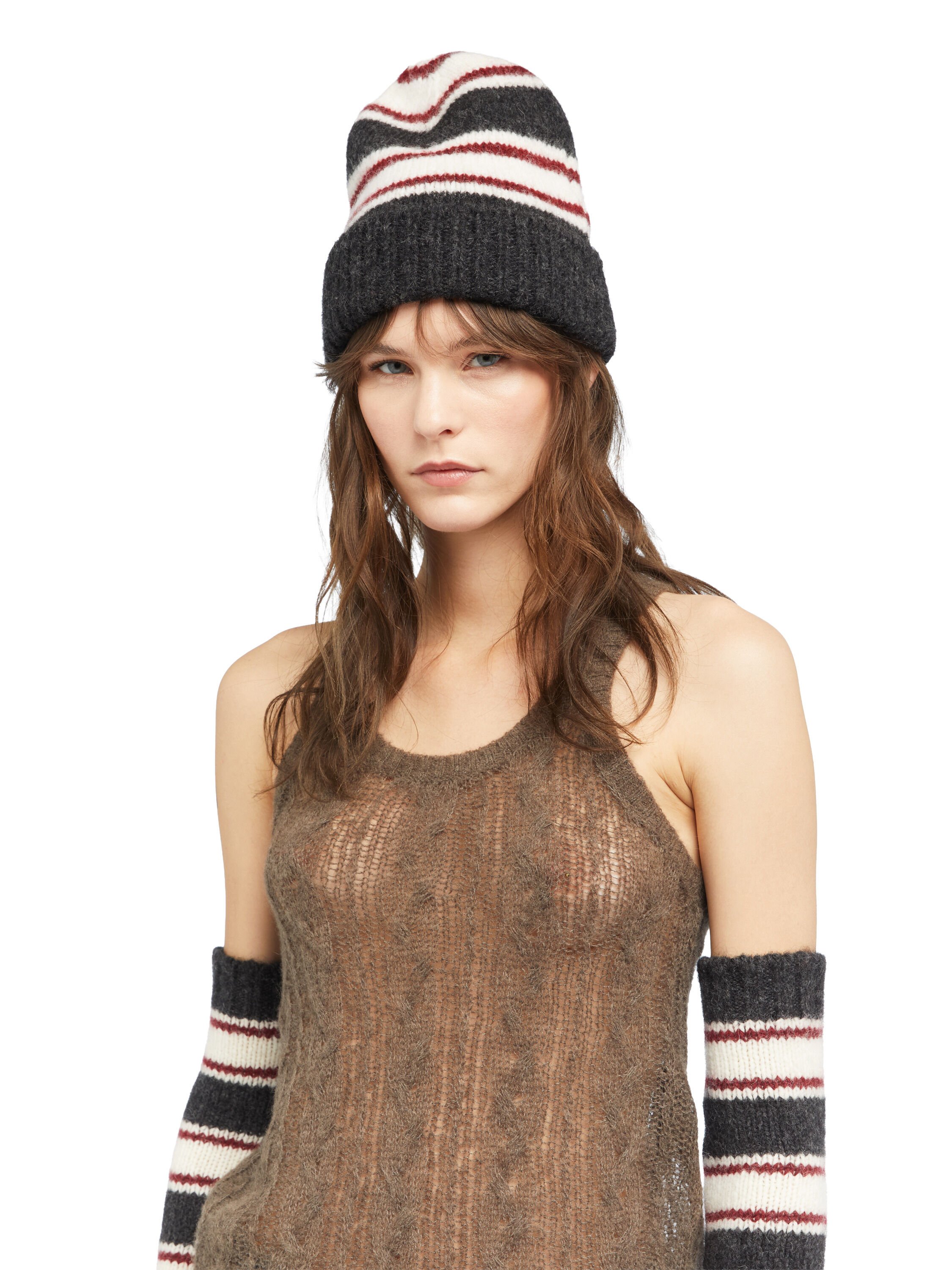 Alanui Grunge Stripes Beanie Charcoal-Ruby LWLC012E25KNI001