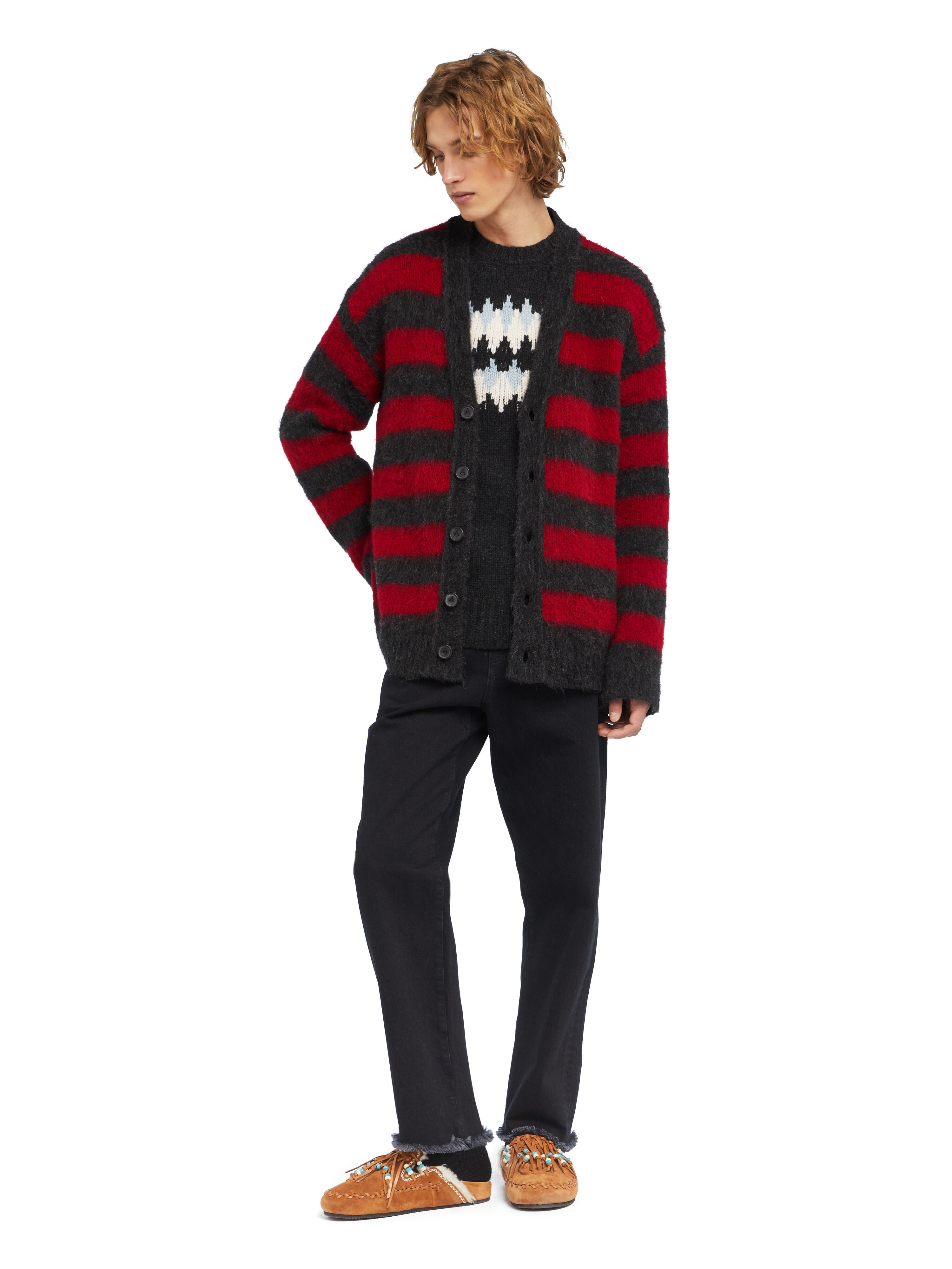 Alanui Grunge Stripes Cardigan Ruby-Charcoal LMHB035E25KNI003