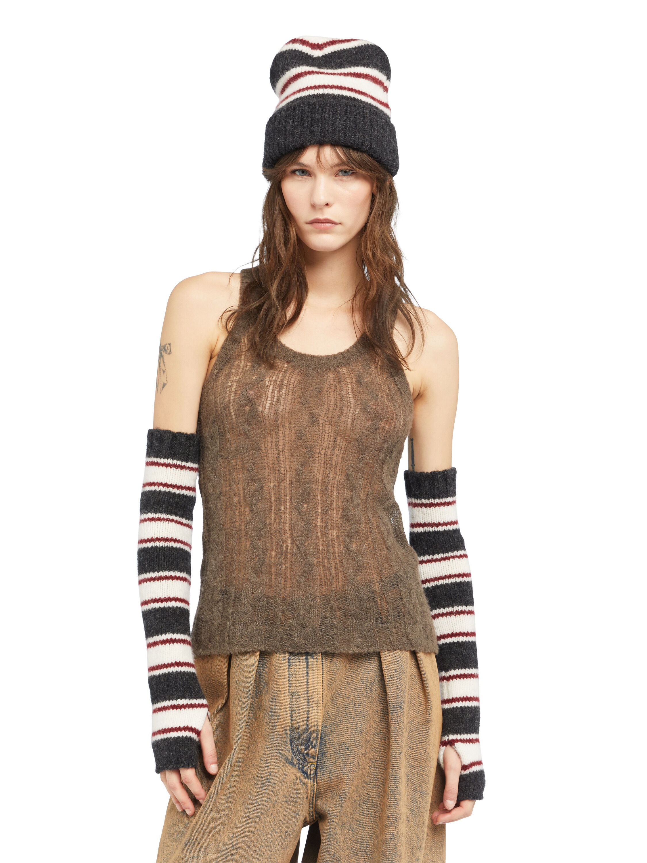Alanui Grunge Stripes Sleeves Charcoal-Ruby LWNE009E25KNI002