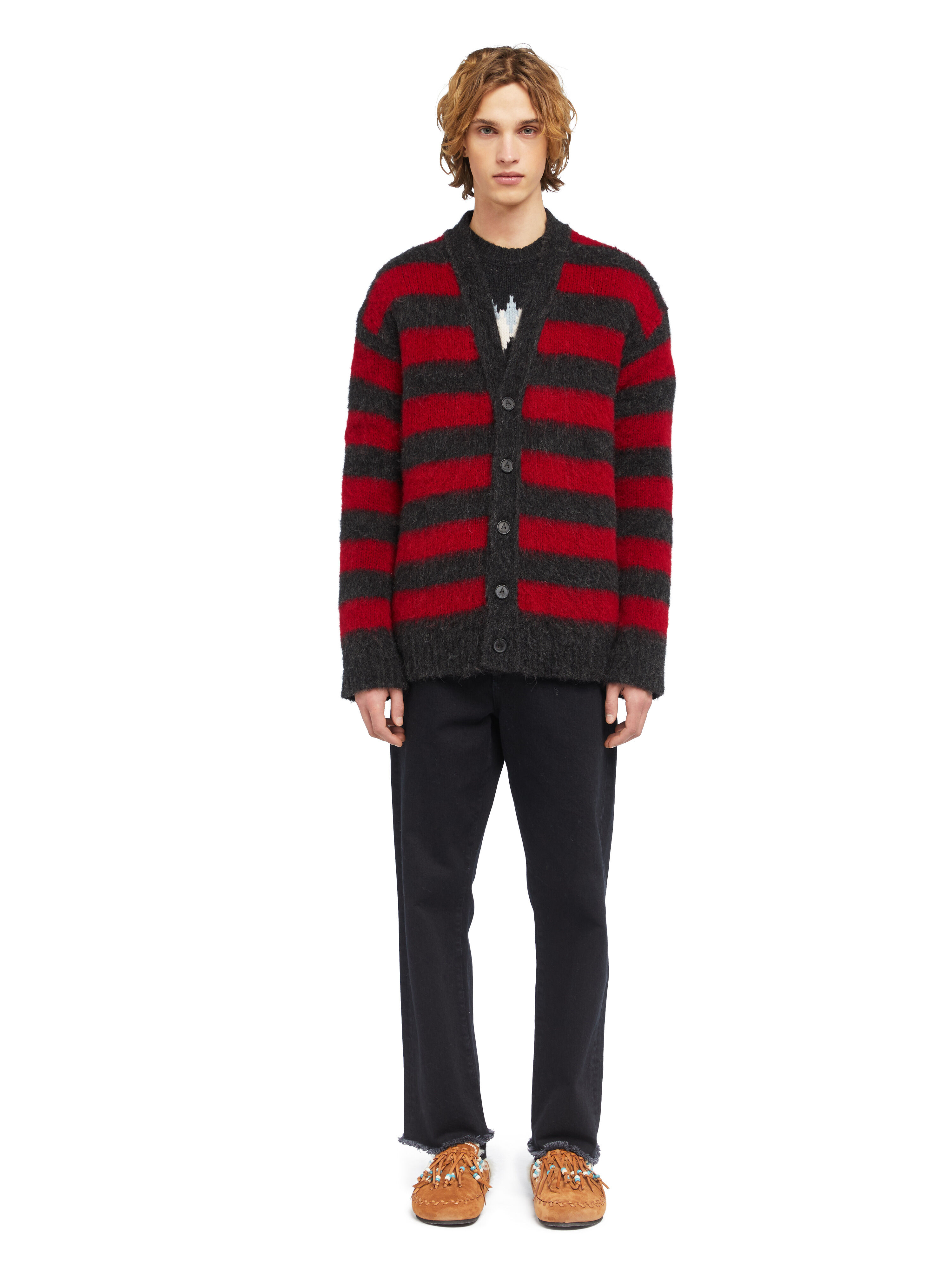 Alanui Grunge Stripes Cardigan Ruby-Charcoal LMHB035E25KNI003
