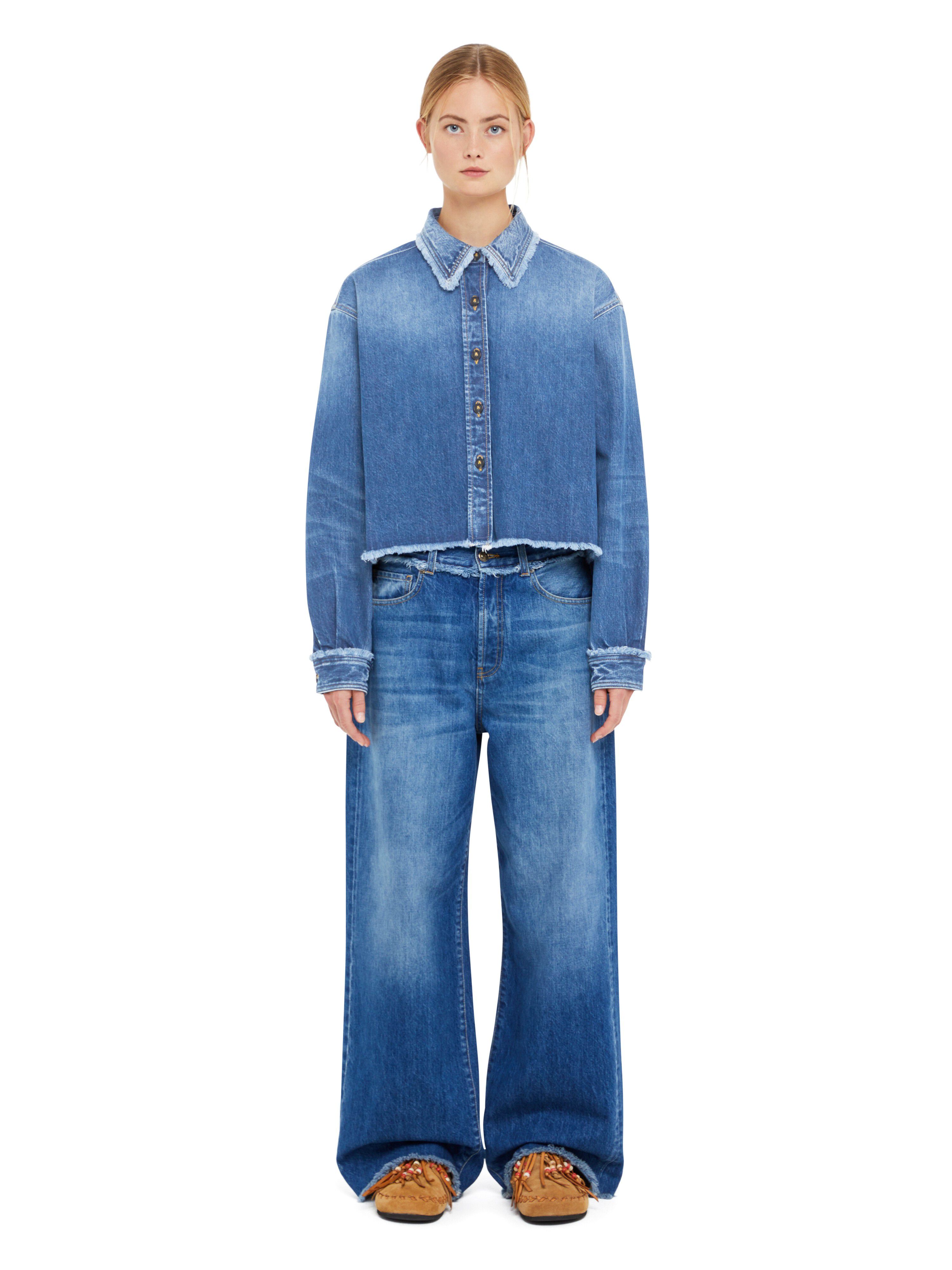 Alanui Fringed Cropped Denim Shirt Dark Wash Blue Denim LWYE00AR25DEN001