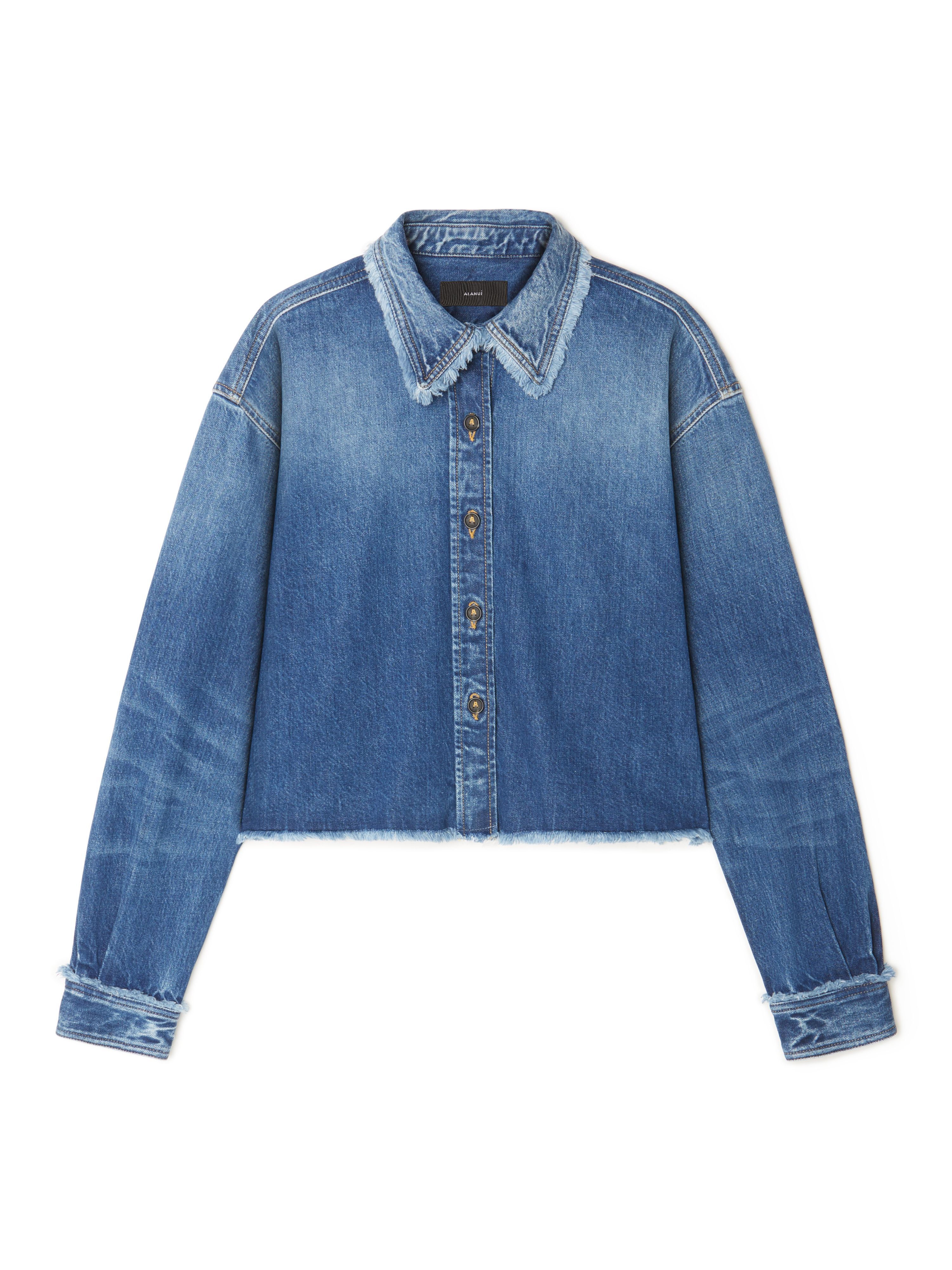 Alanui Fringed Cropped Denim Shirt Dark Wash Blue Denim LWYE00AR25DEN001