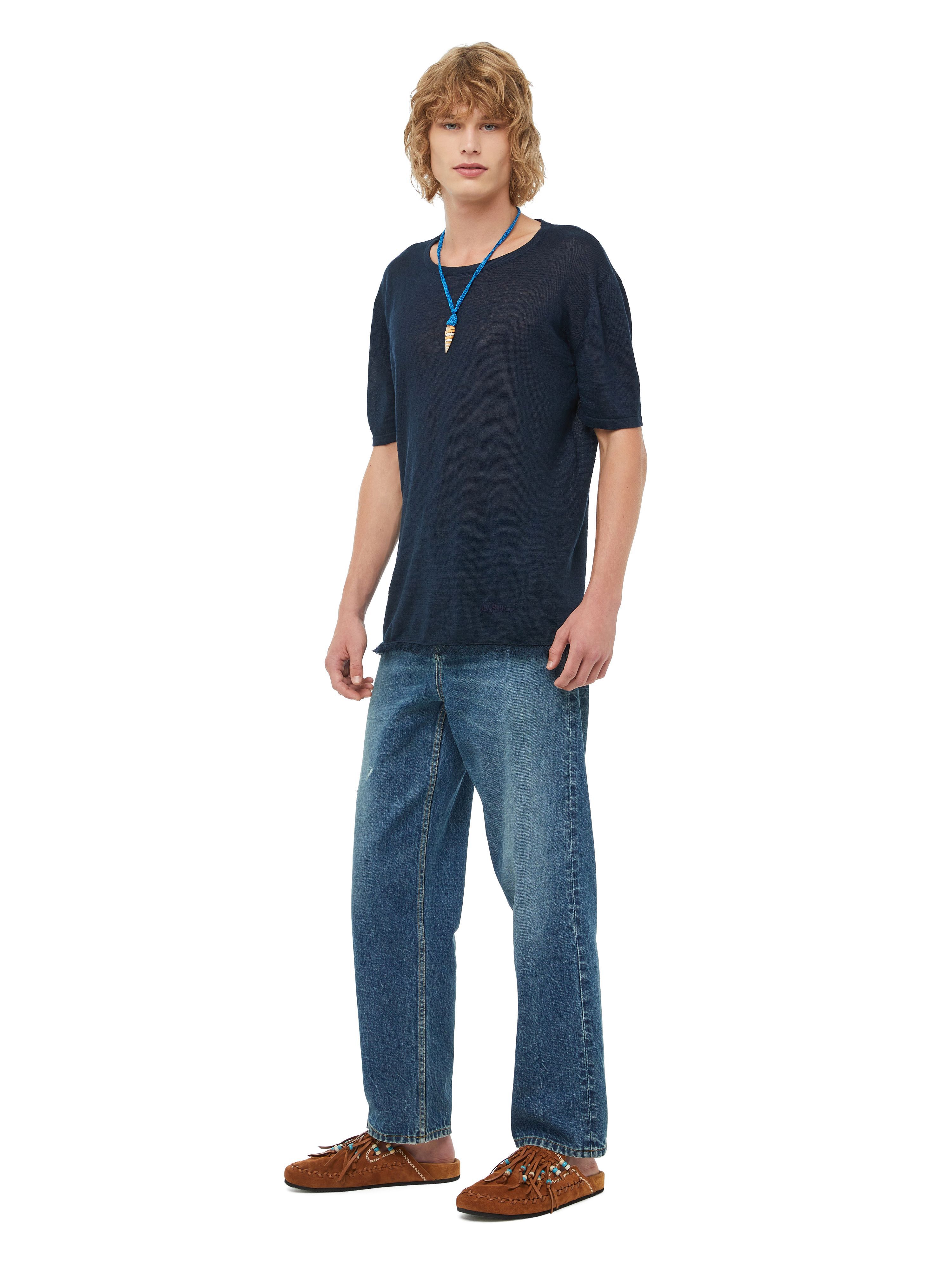 Alanui Linen Knit T-Shirt Navy Blue LMHA043S23FAB001