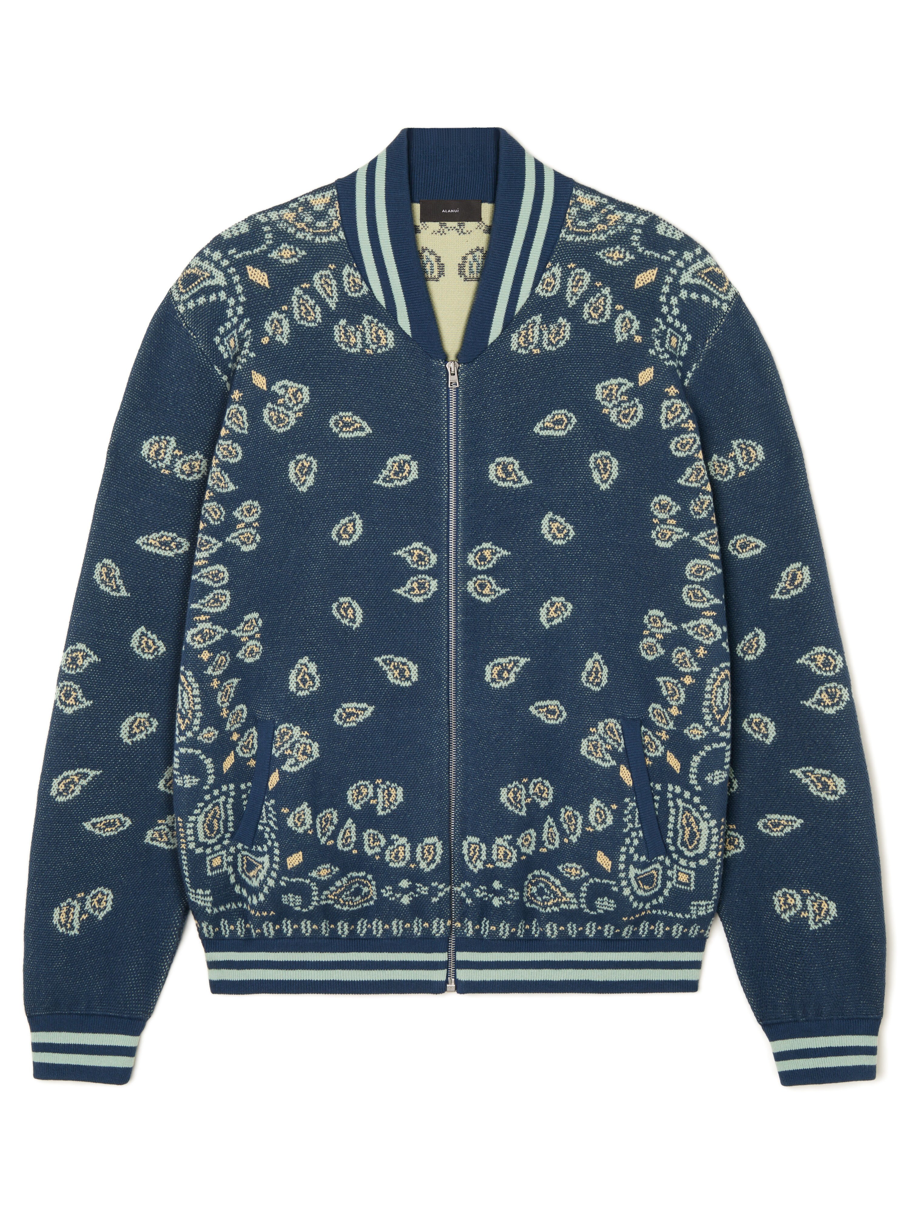 Alanui Bandana Piquet Jacquard Bomber Jacket Arbour-Light Blue LMHQ001R26KNI001 Alanui Bandana Piquet Jacquard Bomber Jacket Arbour-Light Blue LMHQ001R26KNI001