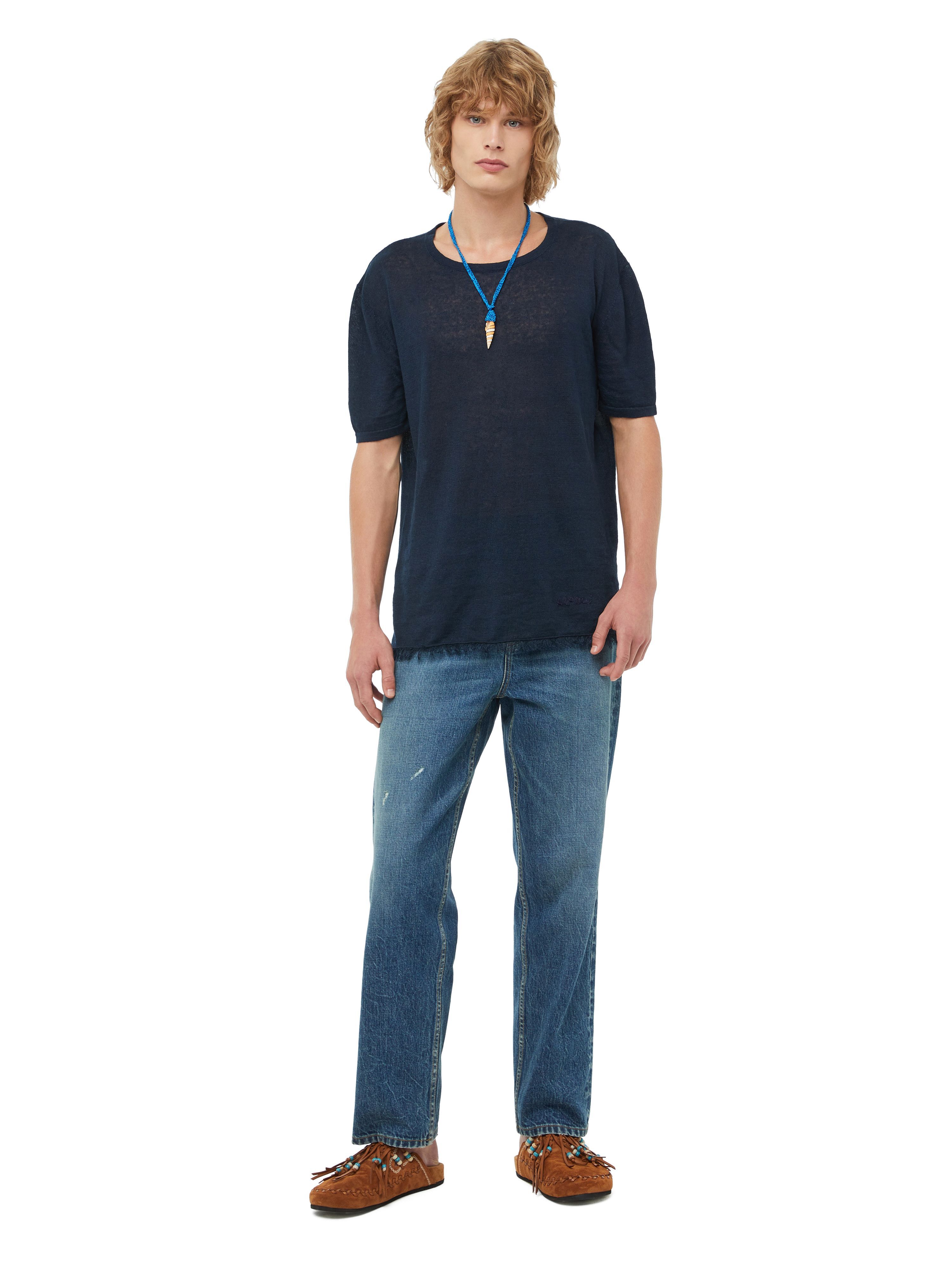 Alanui Linen Knit T-Shirt Navy Blue LMHA043S23FAB001