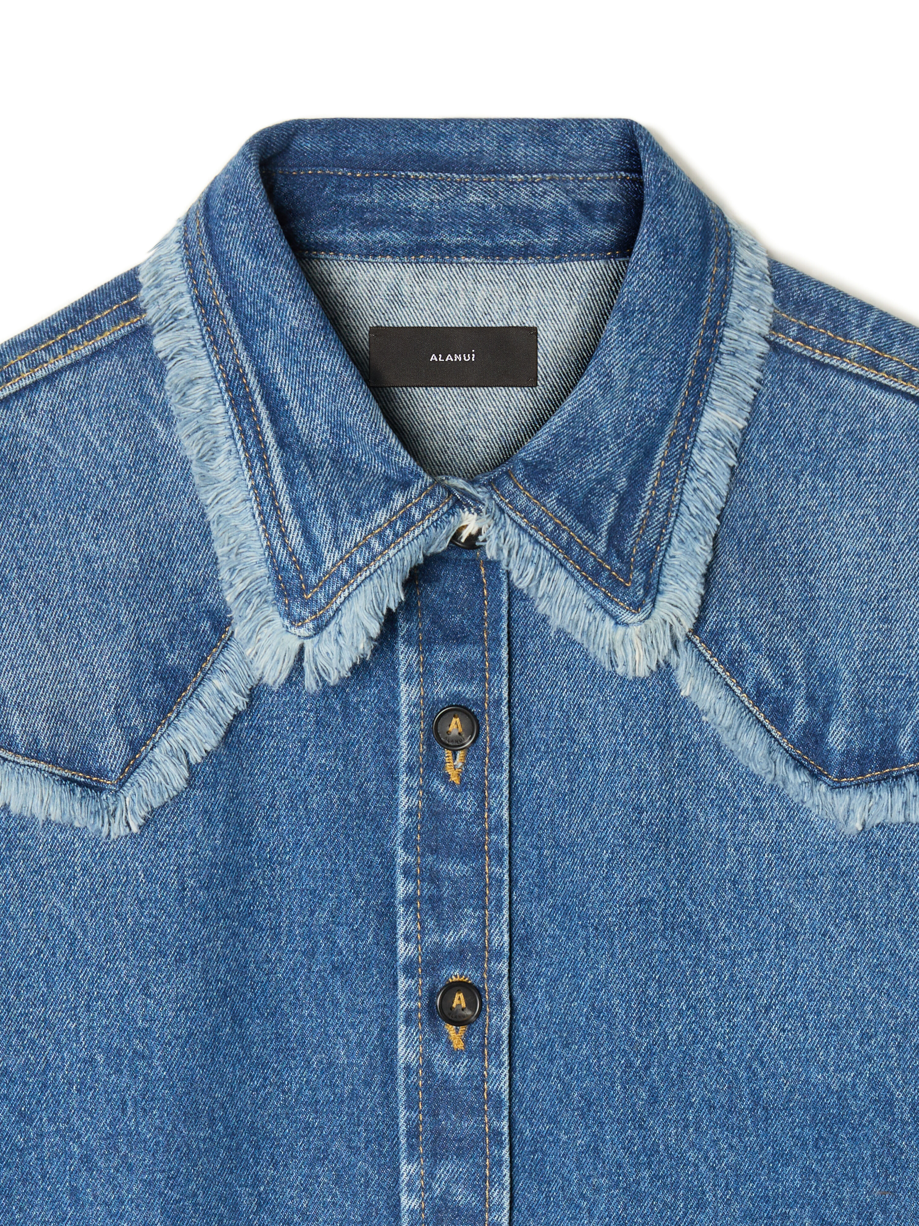 Alanui Pacific Roads Cropped Denim Shirt Medium Wash Denim LWYE00BE25DEN002