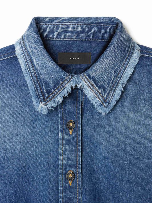 Alanui Fringed Cropped Denim Shirt Dark Wash Blue Denim LWYE00AR25DEN001