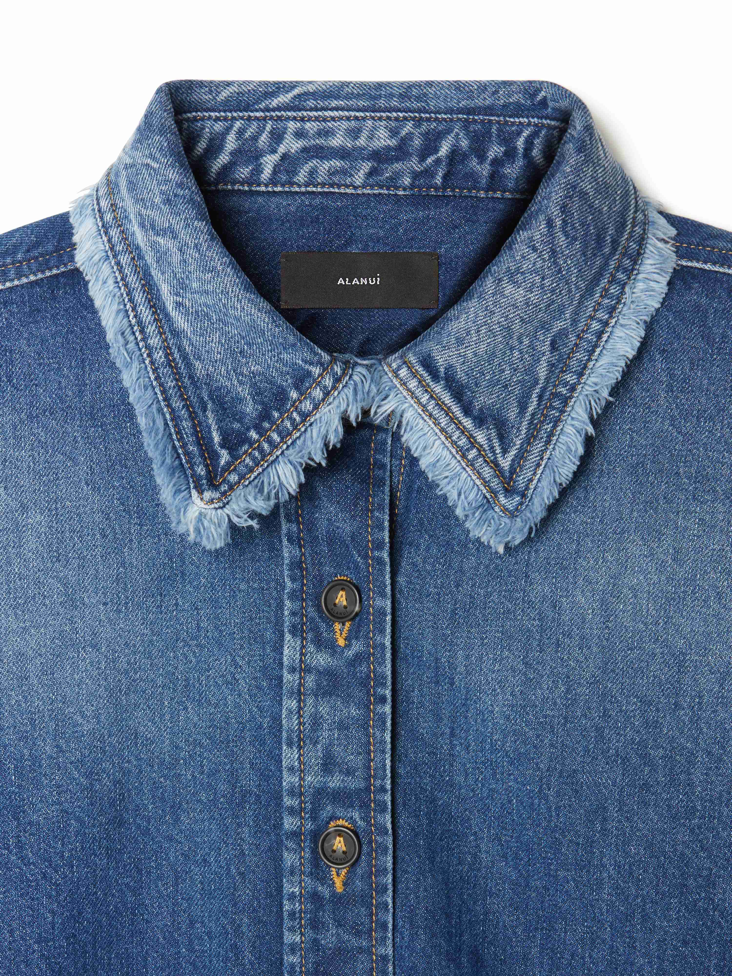 Alanui Fringed Cropped Denim Shirt Dark Wash Blue Denim LWYE00AR25DEN001