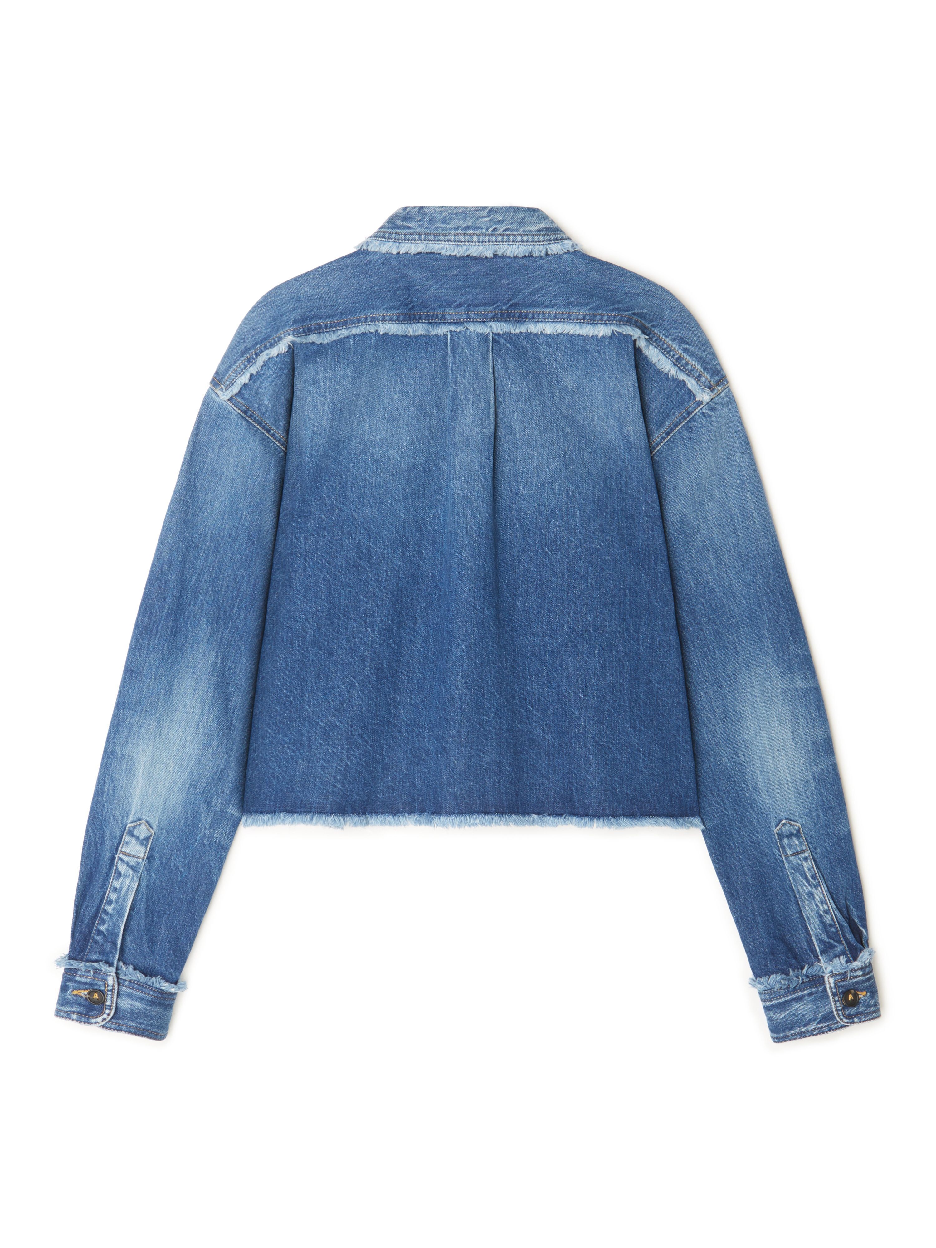 Alanui Fringed Cropped Denim Shirt Dark Wash Blue Denim LWYE00AR25DEN001
